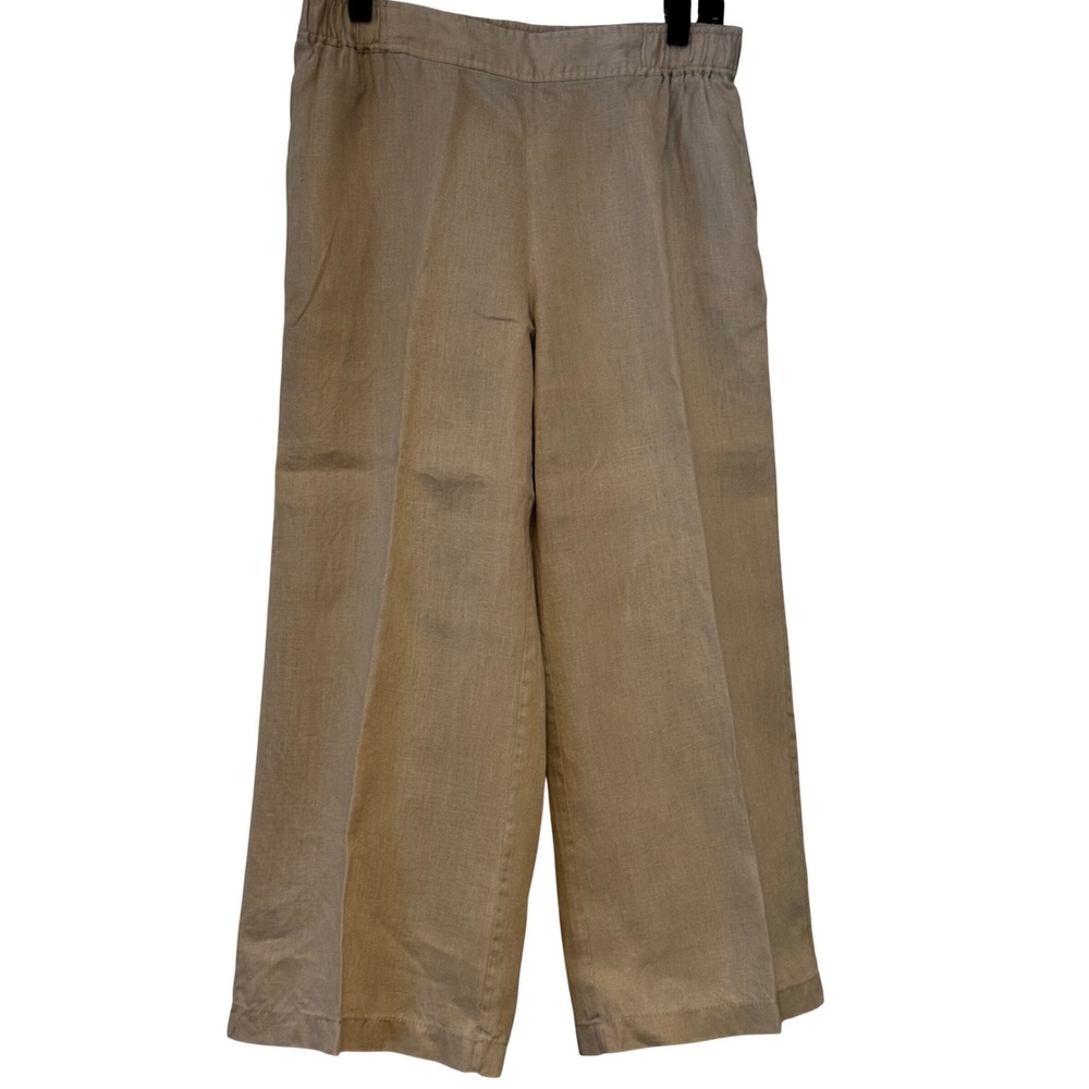 Go Silk Womens Tan 100% Linen Wide Leg Elastic Waist Pants Size M Khaki RN105184